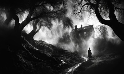 Fototapeta premium Woman walks towards house in foggy woods.