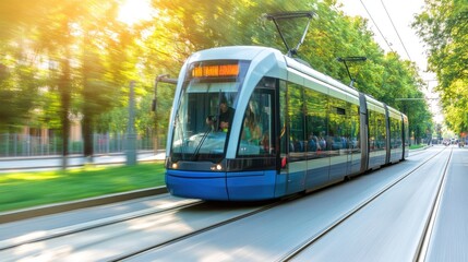 Naklejka premium Modern Tram in Motion through Urban Landscape