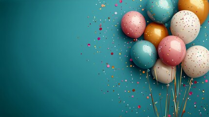 A celebratory scene with colorful balloons and confetti scattered on a teal background, creating a festive and joyful atmosphere perfect for parties and celebrations.