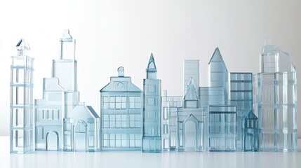 Obraz premium A captivating display of glass figures representing various architectural buildings, showcasing intricate designs and a modern aesthetic. This collection features a range of structures,
