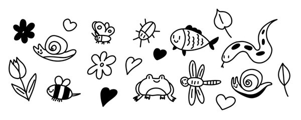 Kid cute doodle set. Cute snail, frog, snake, bee, dragonfly, fish. Kid doodle sketch style vector. Hand drawn flower, heart, butterfly elements. Funny children pen outline elements, isolated on white