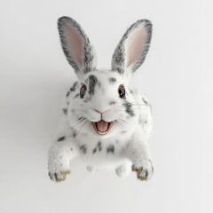 Obraz premium A cheerful spotted rabbit hopping playfully on a clean white background in bright light
