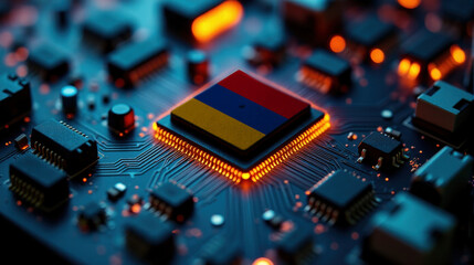 Obraz premium A microprocessor with the Armenia flag is embedded on a circuit board, highlighted by glowing lights, showcasing influence in global semiconductor and computing technology.