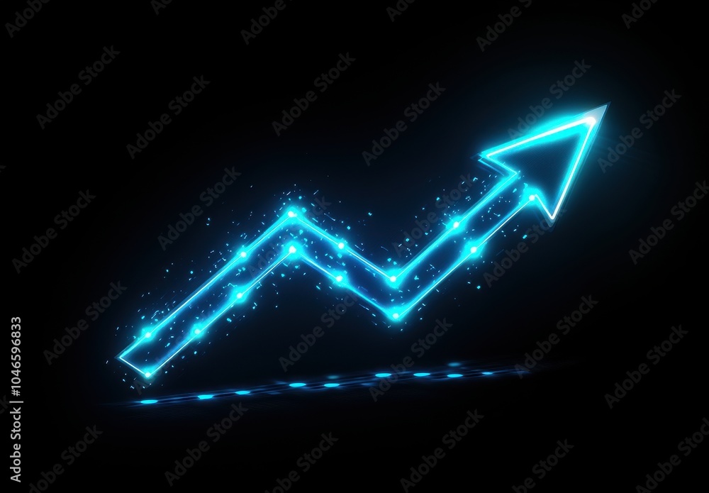 Wall mural blue neon glowing graph icon illustrating growth and progress with an upward arrow on a dark backgro