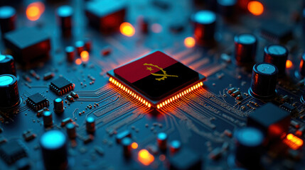 A Angola flagged microchip is centered on a circuit board, surrounded by illuminated components, symbolizing role in semiconductor innovation and technology leadership.
