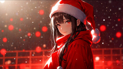 サンタクロースの服を着たアニメ調の美少女と雪景色