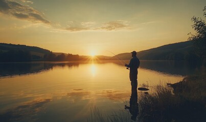 Young man fishing on a lake at sunset and enjoying hobby