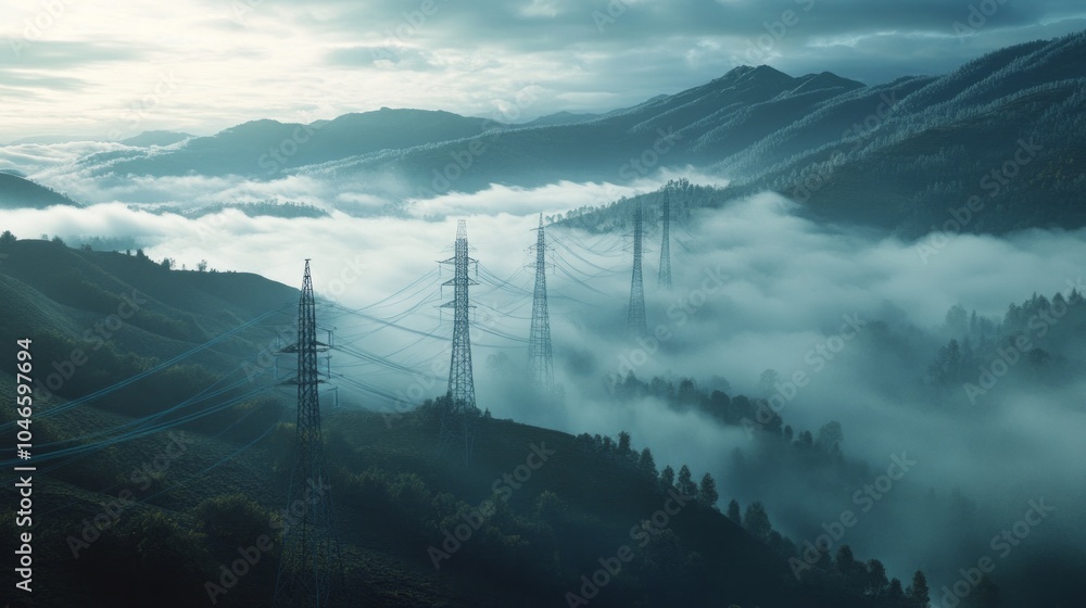 Aufkleber a mountain range covered in fog with power lines running through it
