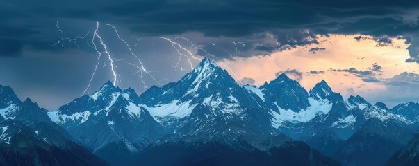 Majestic mountain range with dramatic lightning and sunset hues.