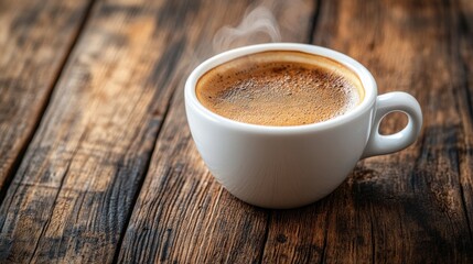 Fototapeta premium A close-up of a steaming cup of coffee on a rustic wooden table.