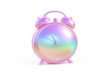 A pastel hued holographic round clock with twin bells and softly glowing gradient tones