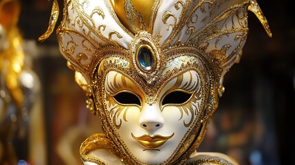 A stunning golden Venetian mask, intricately designed with elaborate patterns and decorative elements that reflect the opulence of Venetian carnival traditions.