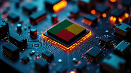 Fototapeta premium A microprocessor with the Benin flag is embedded on a circuit board, highlighted by glowing lights, showcasing influence in global semiconductor and computing technology.