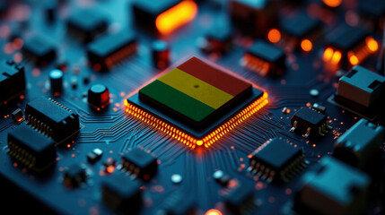 Fototapeta premium A microprocessor with the Bolivia flag is embedded on a circuit board, highlighted by glowing lights, showcasing influence in global semiconductor and computing technology.