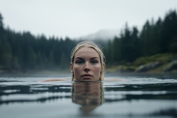 Fototapeta premium A tranquil moment of a woman swimming in a misty, forest-surrounded lake, capturing a sense of peace and nature.