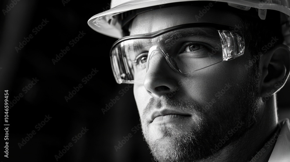 Poster a construction worker is focused on tasks while wearing a hard hat and protective glasses at a const
