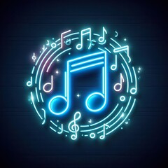 Fototapeta premium A neon sign depicting a music note and equalizer bars against a dark brick wall background