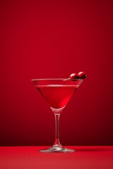 A vibrant red cocktail garnished with cherries, elegantly displayed in a martini glass against a matching red background.