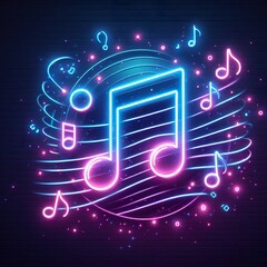 A neon sign depicting a music note and equalizer bars against a dark brick wall background