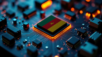 Fototapeta premium A microprocessor with the Cameroon flag is embedded on a circuit board, highlighted by glowing lights, showcasing influence in global semiconductor and computing technology.