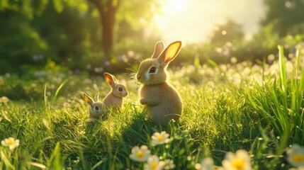 A peaceful meadow with a family of rabbits grazing.