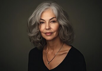 Naklejka premium A middle-aged woman with gray hair in a medium-length wavy hairstyle, wearing black and a silver jewelry necklace.