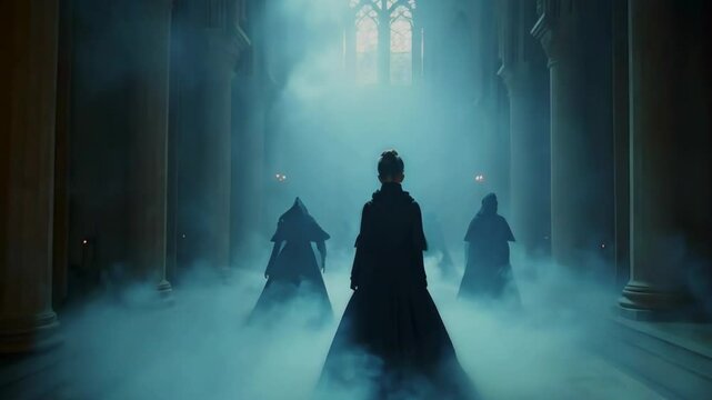 "High fashion runway look combining Victorian gothic elements with astronaut suits, dramatic cathedral backdrop, fog machines, laser lighting, editorial photography style, vogue magazine quality, full