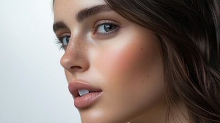 Obraz premium Stunning close-up portrait of a woman highlighting her natural freckles, smooth skin, and striking blue eyes.