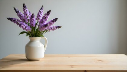 Product placement wooden table, blurred vase purple flowers background with copy space product display mockup