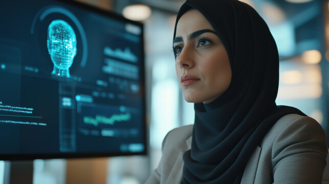  Focused Businesswoman in Hijab Analyzing Digital Data Interface, A professional woman wearing a hijab closely examines a futuristic digital data interface, representing technology, AI, and analytics 