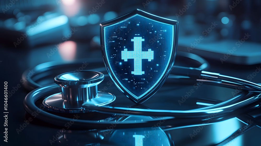 Poster a digital shield with a medical cross symbol sits on a stethoscope, representing the importance of p