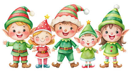 Fototapeta premium Christmas children cute elves costumes in festive attire, standing together and smiling for Xmas holiday designs and decorations.