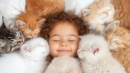 Fototapeta premium A serene child with curly hair is peacefully nestled amidst a variety of sleeping fluffy kittens, radiating warmth and comfort.