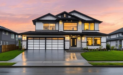 A beautiful luxury home with a large driveway, a white stone exterior, and a black roof, at dusk. The house has multiple windows, an entrance door in the center of its front facade