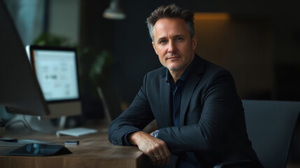 Fototapeta premium Confident Business Executive Sitting in a Modern Office Environment, Mature businessman sitting confidently at a desk in a modern office setting, exuding professionalism and leadership qualities.