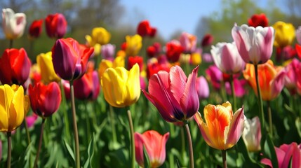 Obraz premium A field of tulips in various shades under a clear sky.