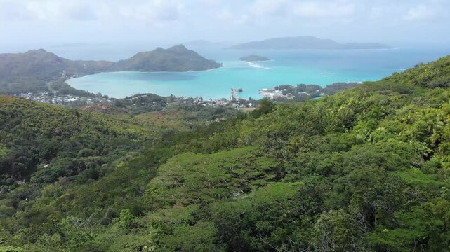 Ste Anne Bay, Island Praslin, Republic of Seychelles, Africa.   
Aerial view of Ste Anne Bay with Round Island, Seychelles. 