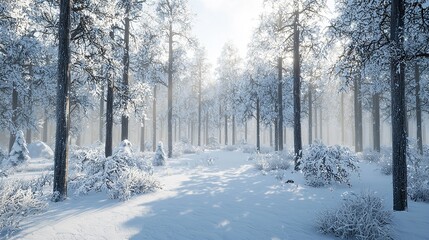 Fototapeta premium Winter White Forest with Snow, Christmas Background