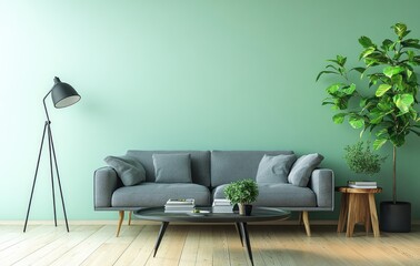 A modern living room with an arched black floor lamp, green walls, and a light grey sofa. The scene includes coffee table books on design, plants in vases, decorative pillows, and a cup of tea.