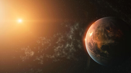 Naklejka premium stunning view of exoplanet illuminated by distant star, showcasing its vibrant surface and cosmic surroundings. scene evokes sense of wonder and exploration