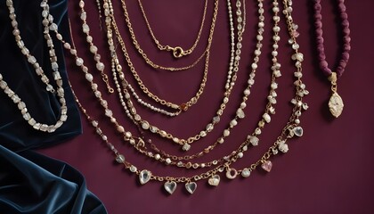 Fototapeta premium A close-up of delicate necklaces and bracelets elegantly displayed on a soft velvet background, showcasing intricate details. 