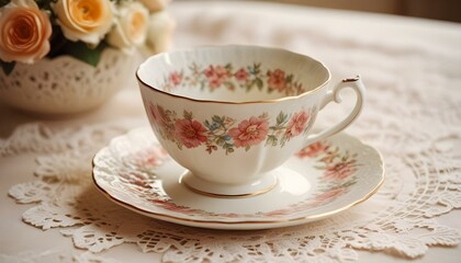 Fototapeta premium A delicate vintage teacup adorned with intricate floral designs is gracefully placed on a lace doily, bathed in soft, warm light. 