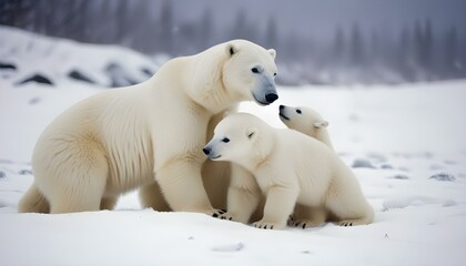 An adorable scene captures a polar bear and her cubs playfully interacting in the snow, showcasing a heartwarming wildlife moment. There's space for educational text to highlight their behavior and ha
