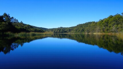 A serene lake reflecting a cloudless blue sky.