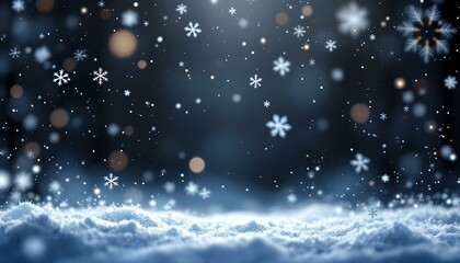 Obraz premium Elegant animated snowflakes gently fall against a dark background, creating a magical winter scene. The center remains open for adding personalized text or festive messages.