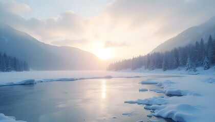 Obraz premium A serene winter scene showcasing snow-covered hills and a frozen lake, illuminated by the soft glow of sunrise reflecting off the ice. Perfect for adding text in the sky.