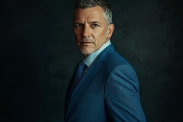 Fototapeta premium middle-aged man in a blue suit studio with generative ai