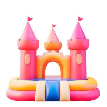 3d icon on white background, inflatable bouncy castle with towers and slide for kids. Children's trampoline.