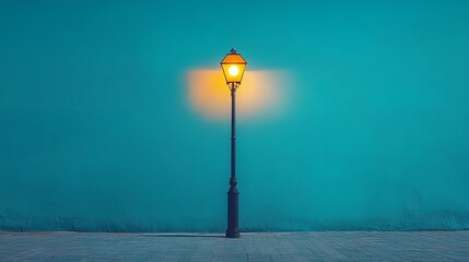 A retro-style street lamp casts a warm light against a turquoise backdrop, creating a vivid imagery...