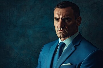 Fototapeta premium middle-aged man in a blue suit studio with generative ai